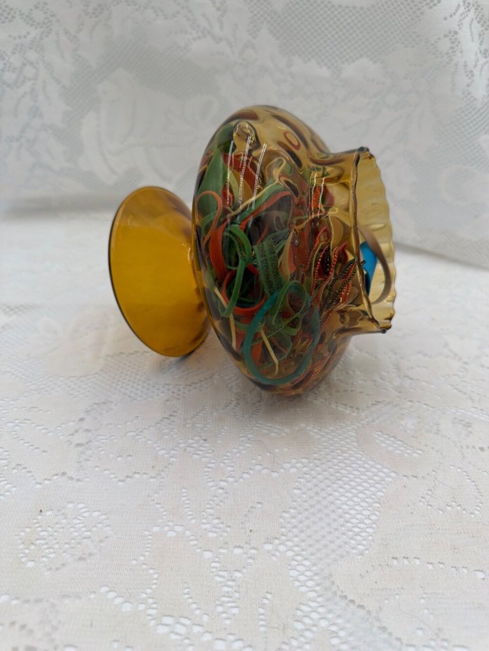 Amber-Colored Handblown Glass Vase Multicolor Swirl Design Pedestal Base 8" Heig